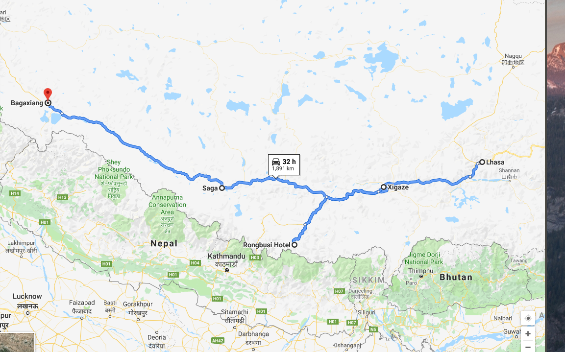 Map showing route from Lhasa to Everest base camp, back to Xigaze and onwards to Bagaxiang.