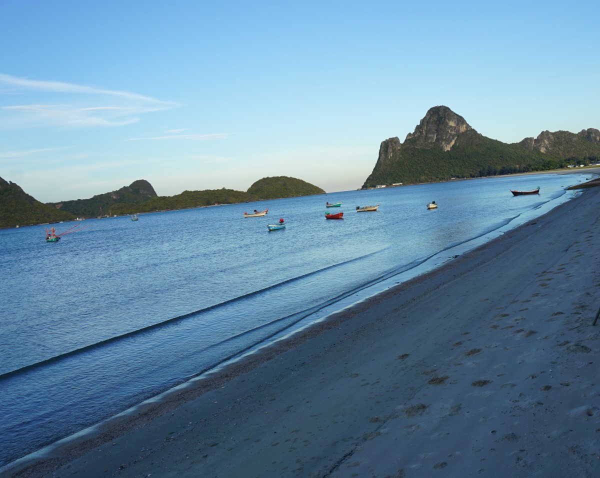 Khiri Khan beach in evening sunlight.
