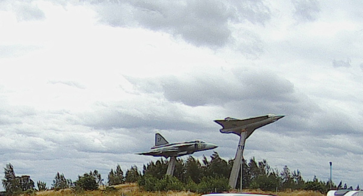 Swedish fighter jets displayed along the road in Linkoping.