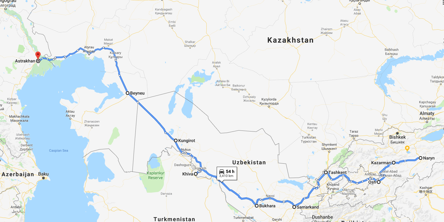 Route after China from Naryn, Kirghistan to Astrakhan, Russia. 