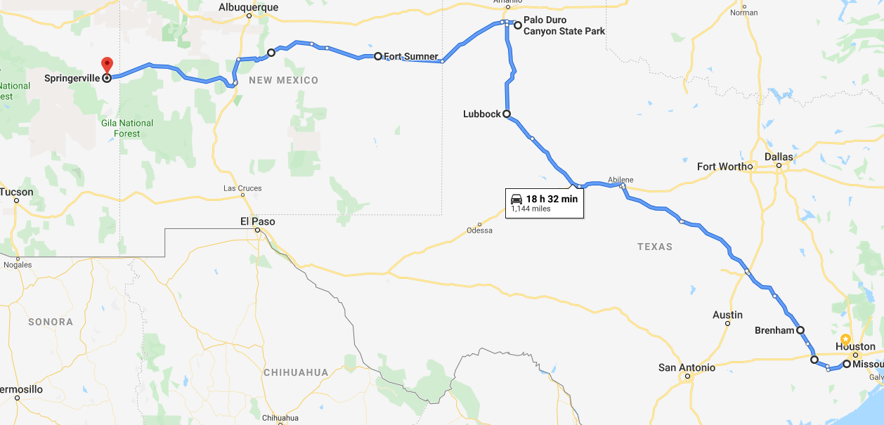 Missouri CIty - Lubbock - Fort Sumner to Springerville.